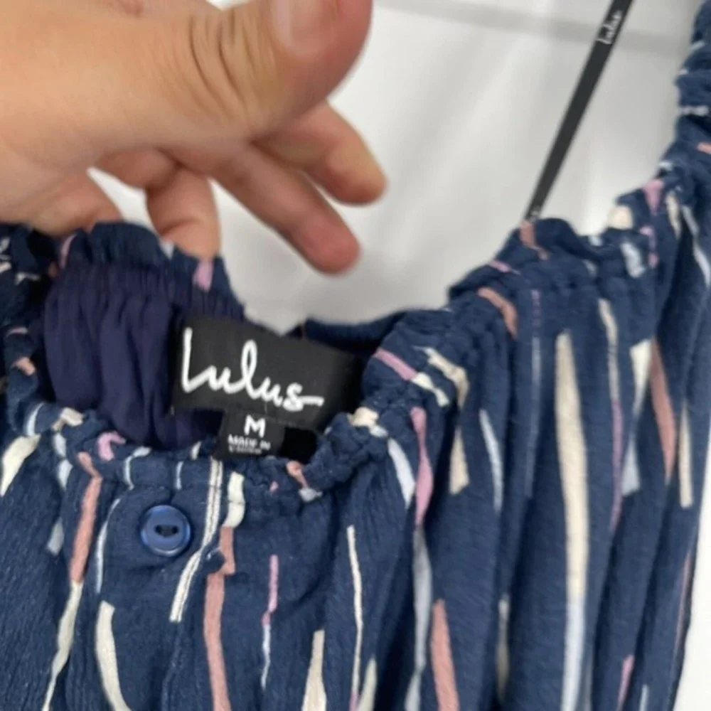 Lulus Navy Stripe Off Shoulder Cropped‎ Jumpsuit Belted Wide Leg Size Medium